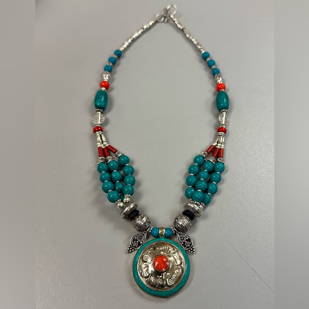 Antique Himalayan Tibetan Necklace With Turquoise And Coral Amulet